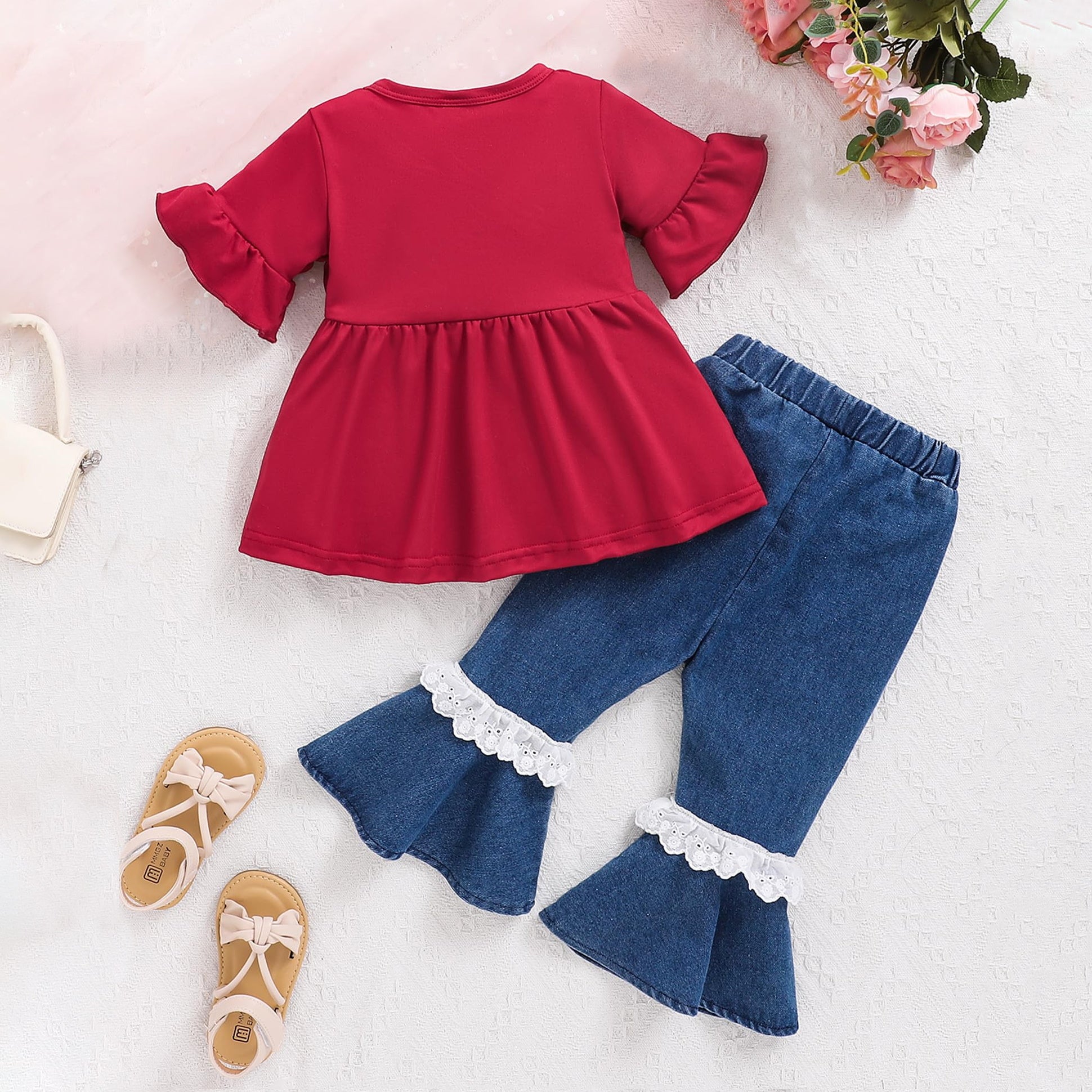 2PCS Casual Solid Top And Lace Ruffle Denim Boot Cut Pant Baby Set