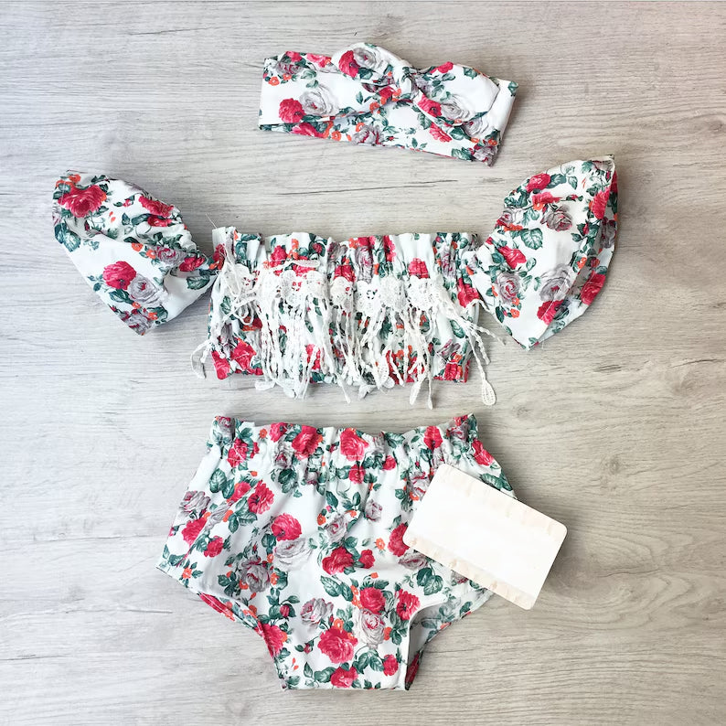 3PCS Adorable Floral Print Short Sleeve Baby Set