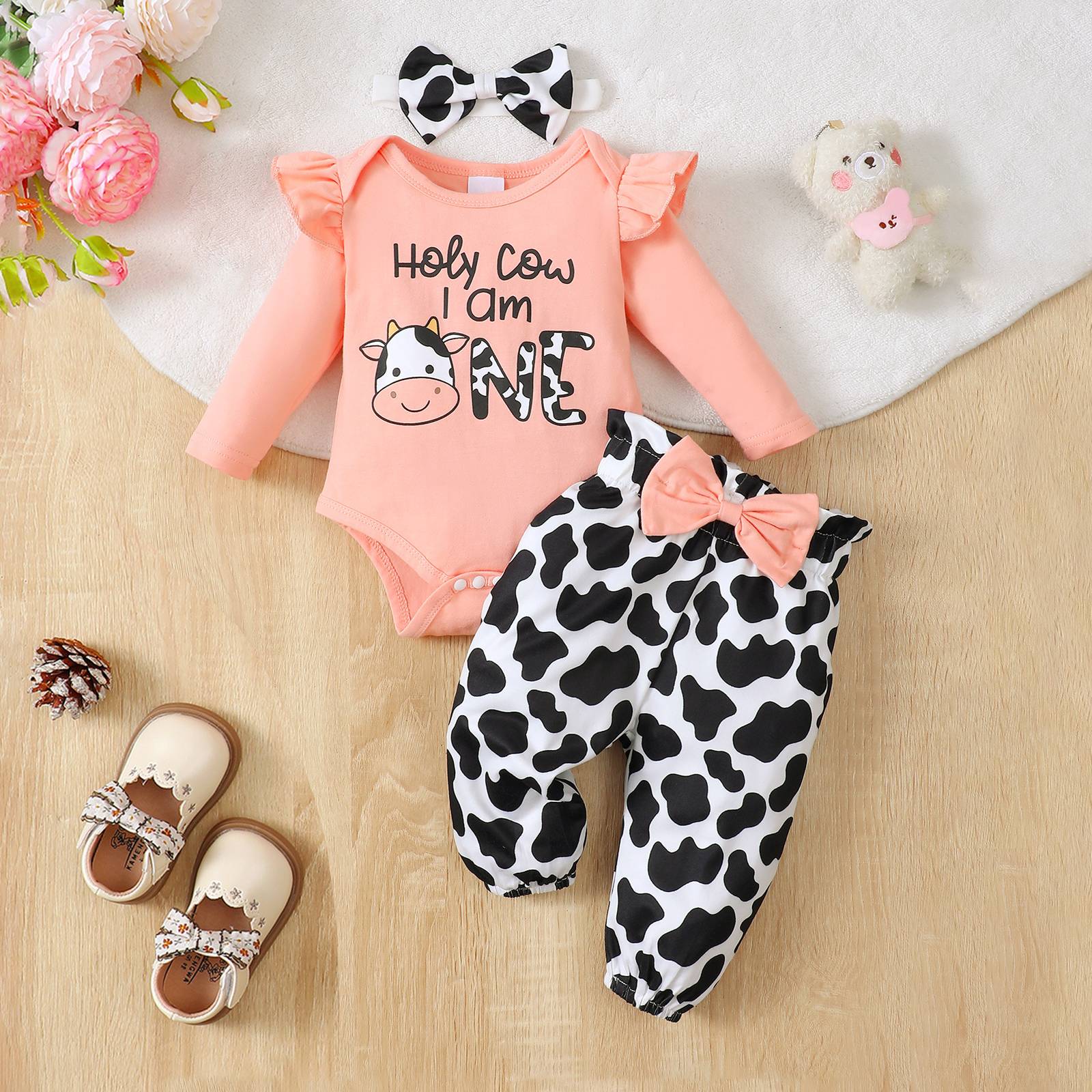 3PCS Holy Cow I Am One Letter Cow Printed Long Sleeve Baby Set