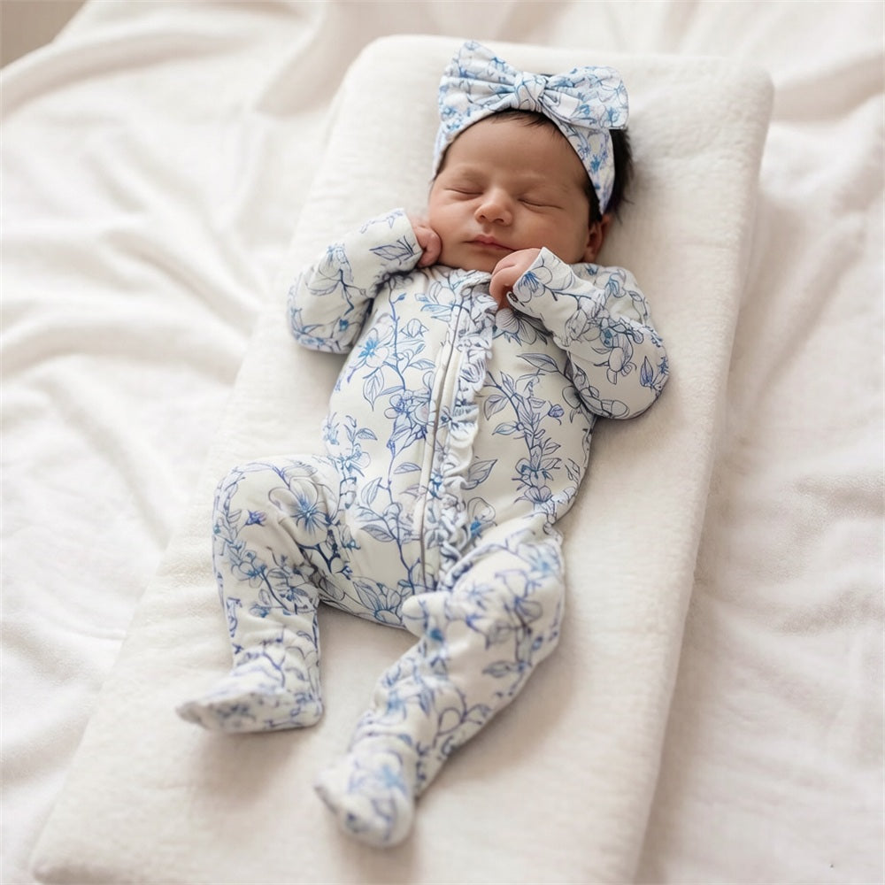 2PCS Cheerful Floral Printed Zipper Baby Girl Jumpsuit