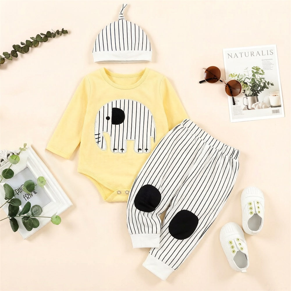 3PCS Cartoon Elephant Printed Long Sleeve Baby Set
