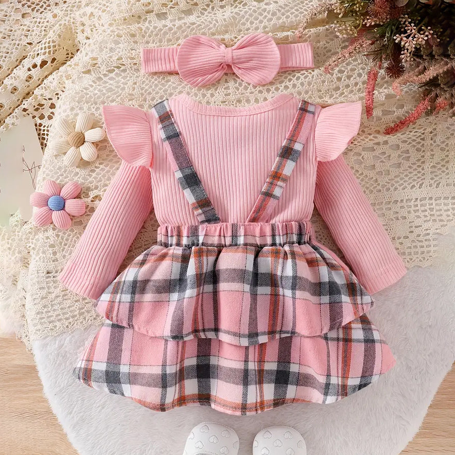 3PCS Sweet Plaid Printed Bowknot Long Sleeve Baby Set