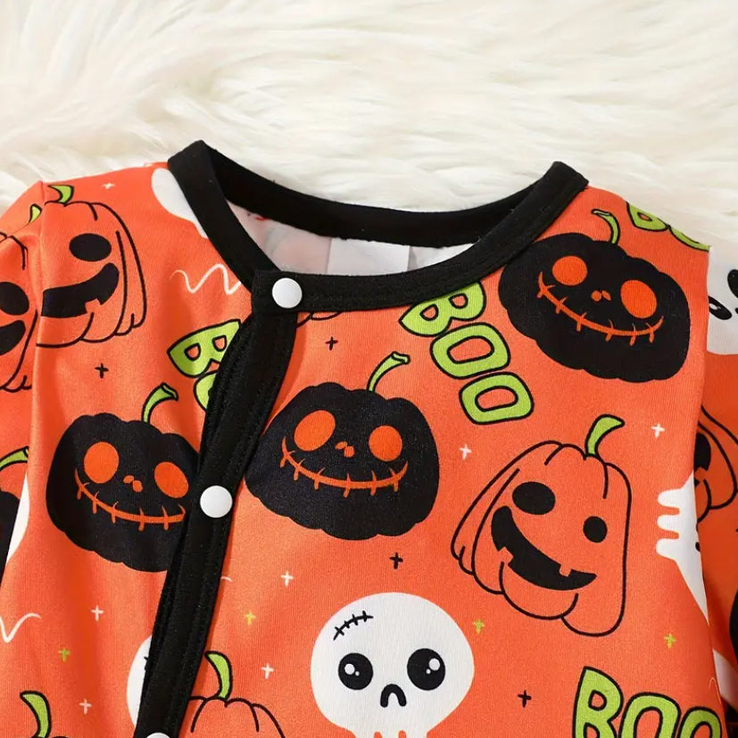 2PCS Pumpkin Skull Print Long Sleeve Baby Jumpsuit