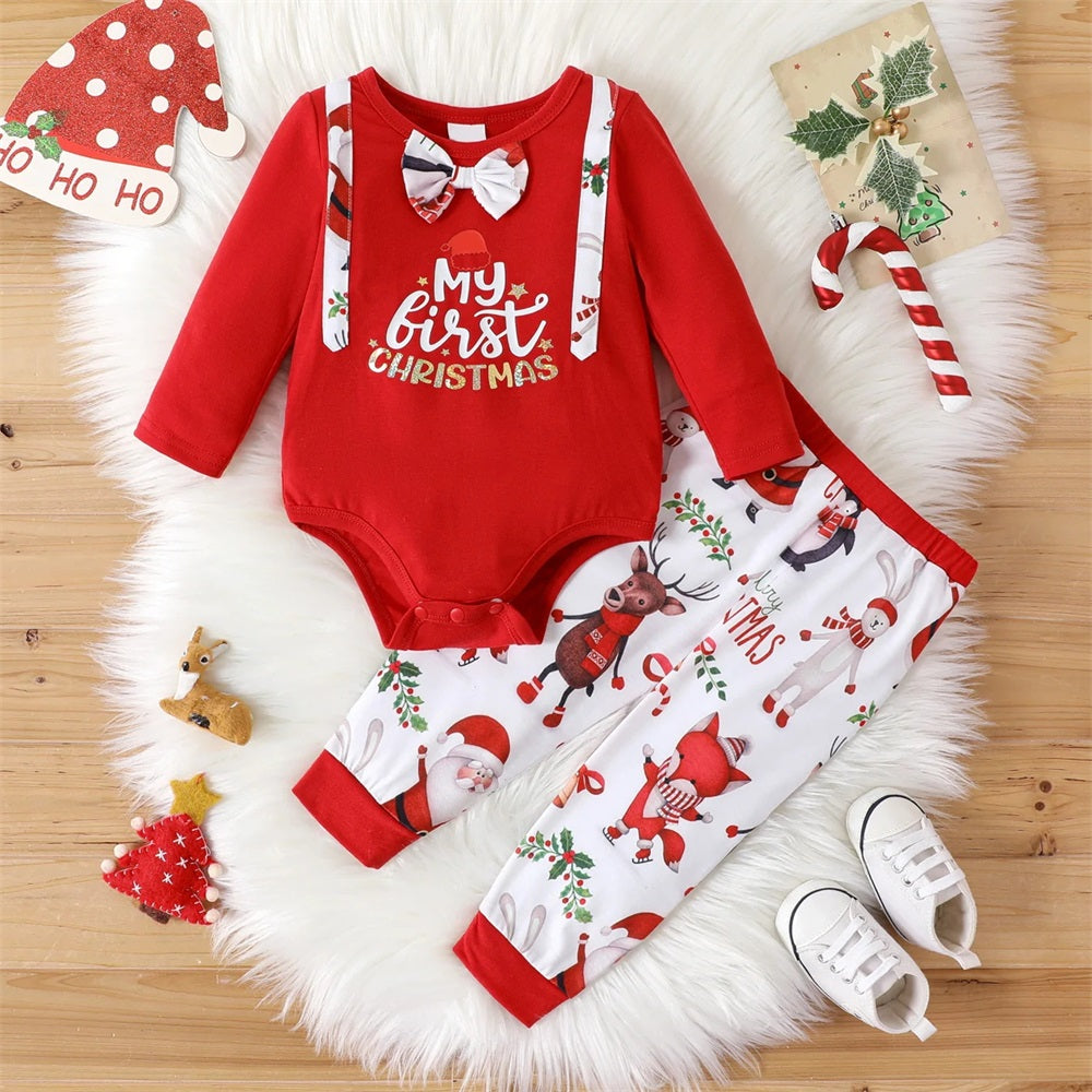2PCS My First Christmas Letter Santa Claus Elk Printed Baby Set