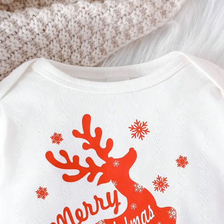 3PCS Merry Christmas Letter Elk Printed Long Sleeve Baby Set