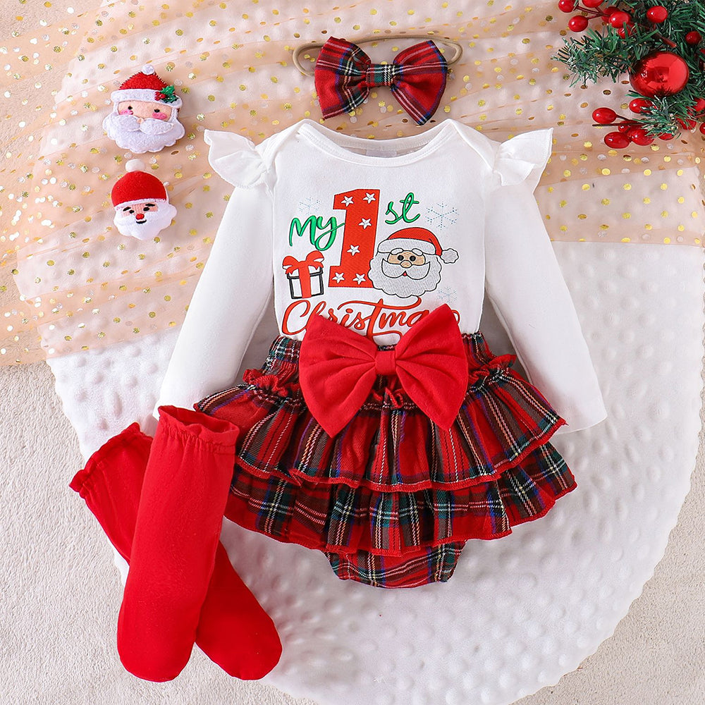 4 PCS Chic My 1st Christmas Letter Santa Plaid Print Baby Girl Set