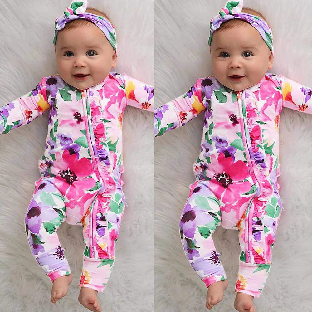 2PCS Infant Baby Long Sleeve Floral Printed Zipper Jumpsuit