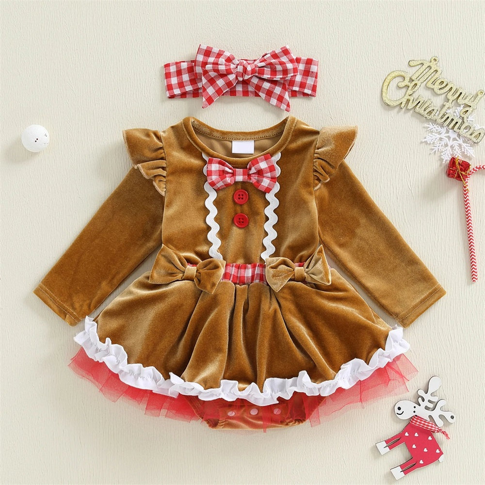 2PCS Gingerbread Cutie Lace Trim Long Sleeve Baby Romper