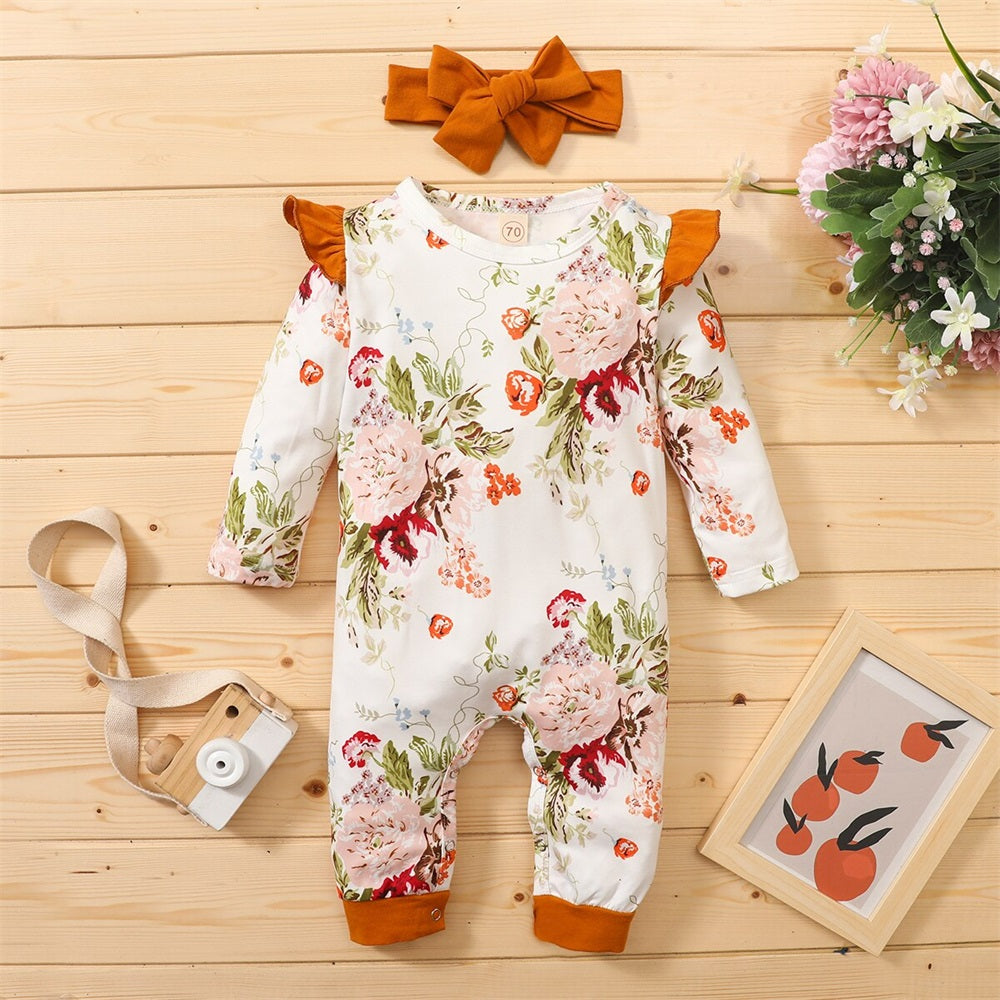 2PCS Stylish Floral Print Long Sleeve Baby Jumpsuit