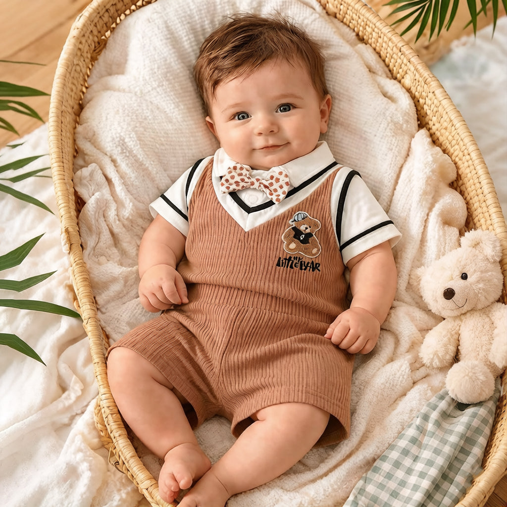 2PCS Preppy Style 3D Chenille Bear Patch Short Sleeve Baby Set
