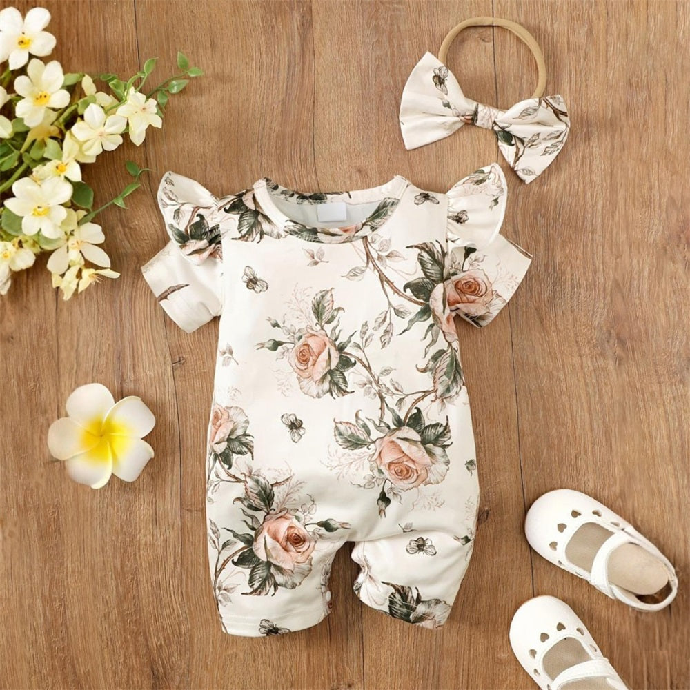 2PCS Cute Floral Print Short Sleeve Baby Jumpsuit