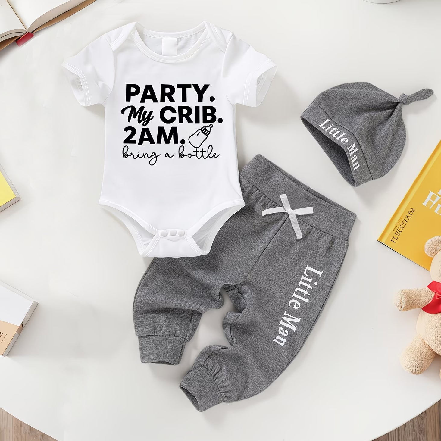 3PCS Party My Crib Letter Printed Short Sleeve Baby Boy Set