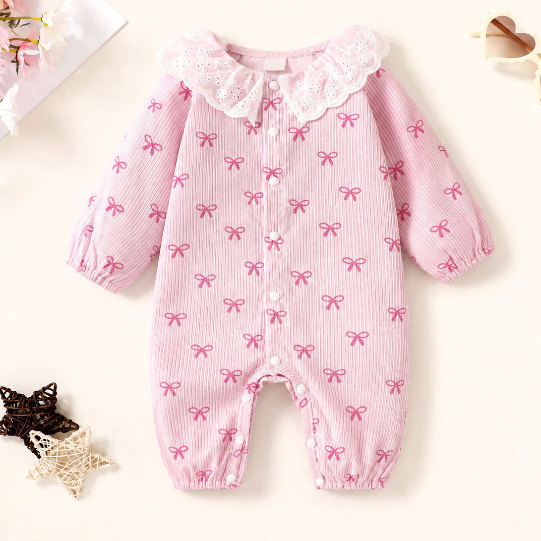Sweet Bowknot Print Ruffle Long Sleeve Baby Jumpsuit