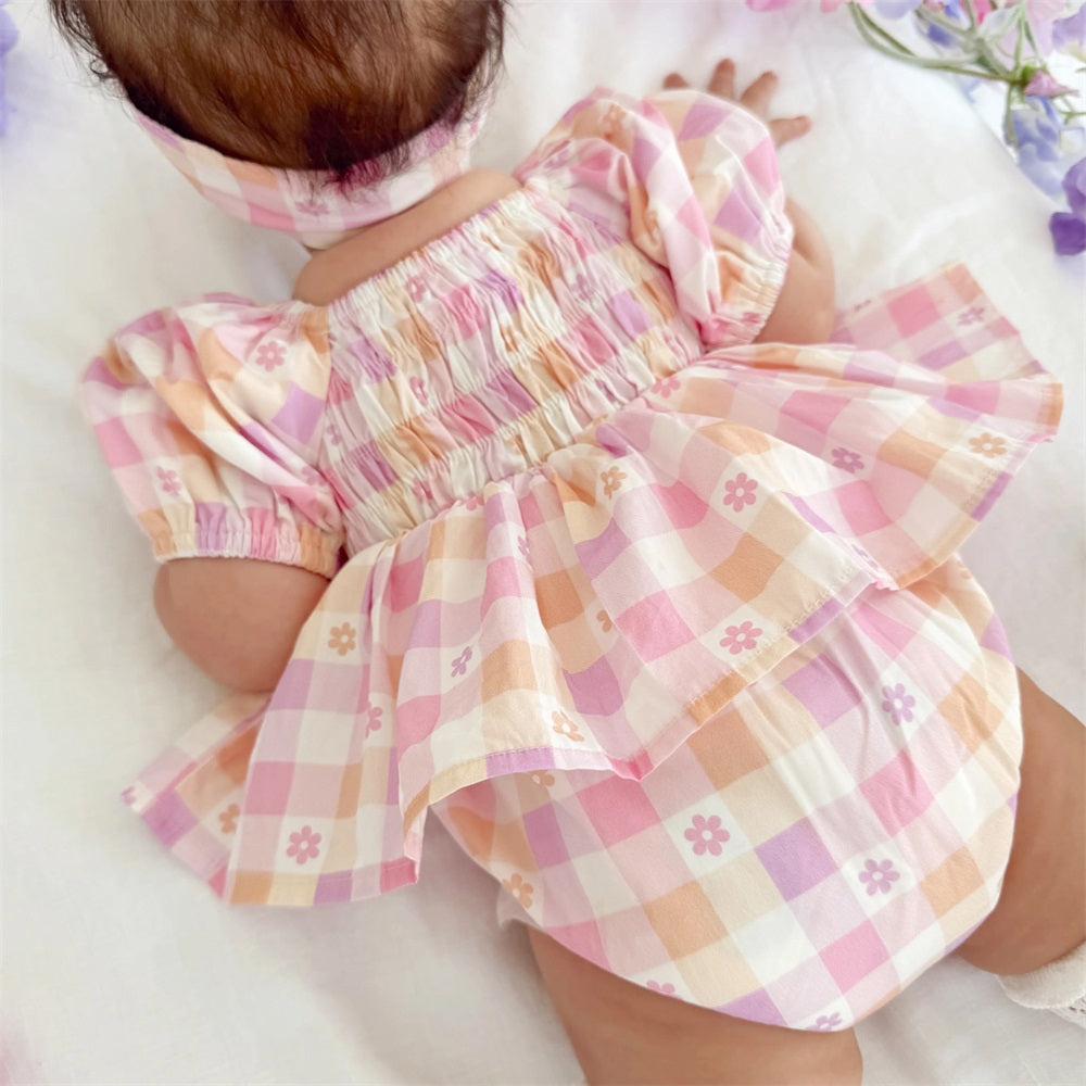 2PCS Sweet Plaid and Floral Printed Short Sleeve Baby Romper