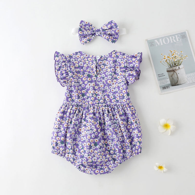 2PCS Cute Floral Printed Sleeveless Romper with Headband