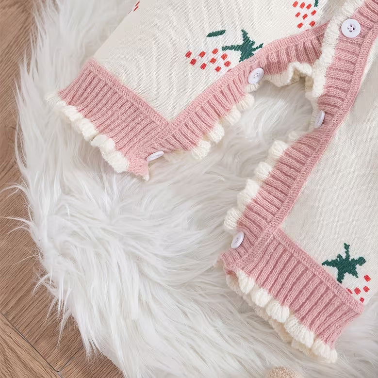 Lovely Strawberry Print Knit Long Sleeve Baby Girl Jumpsuit