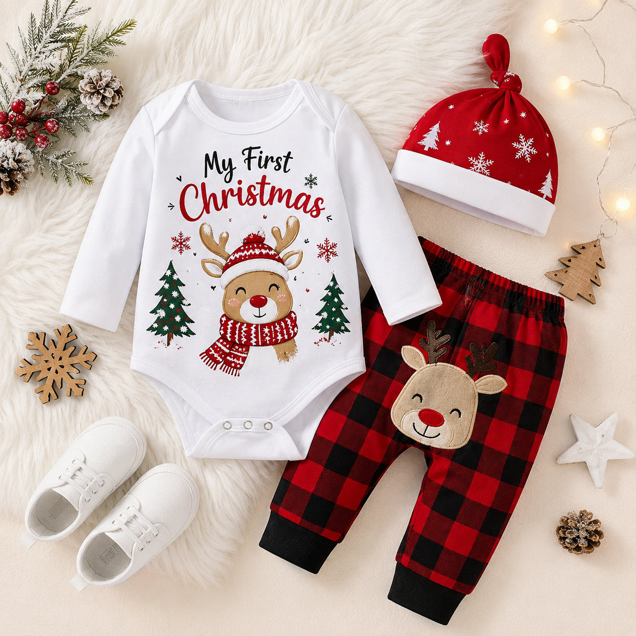 3PCS My First Christmas Letter Elk Plaid Print Baby Set