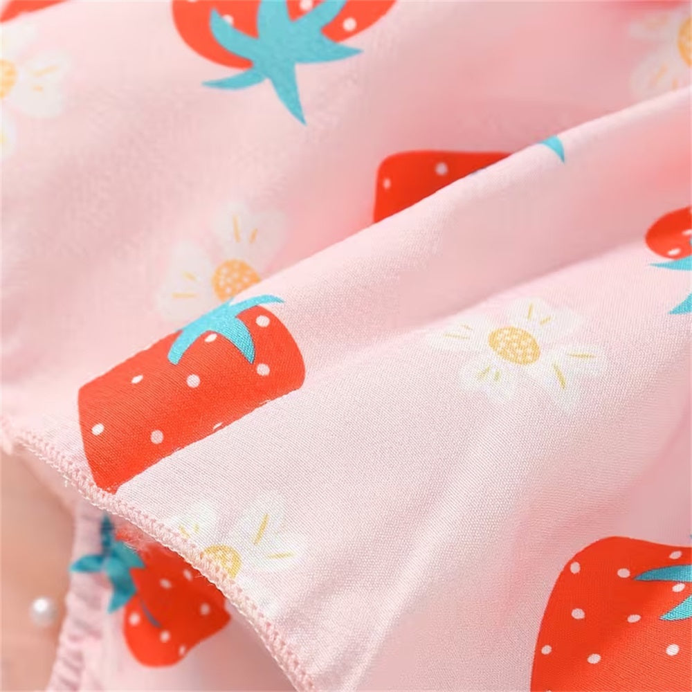 2PCS Casual Cute Strawberry Printed Strap Baby Romper
