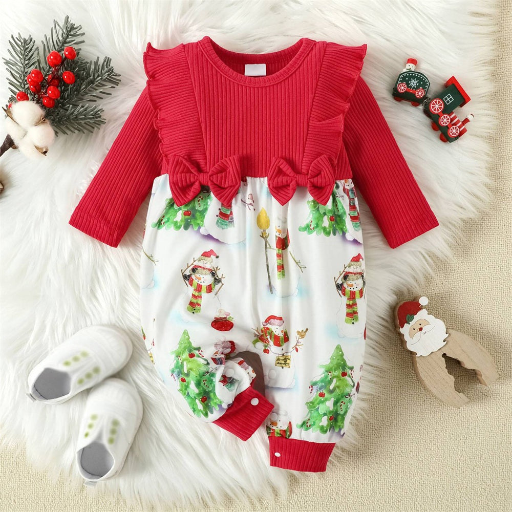 Christmas Tree Snowman Printed Long Sleeve Baby Girl Jumpsuit