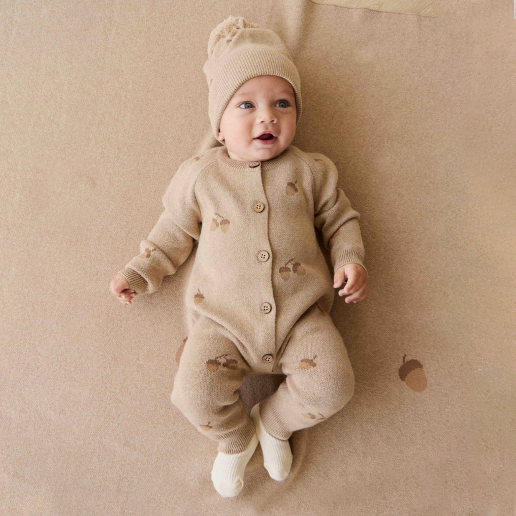 2PCS Pine Cone Print Knitted Baby Jumpsuit
