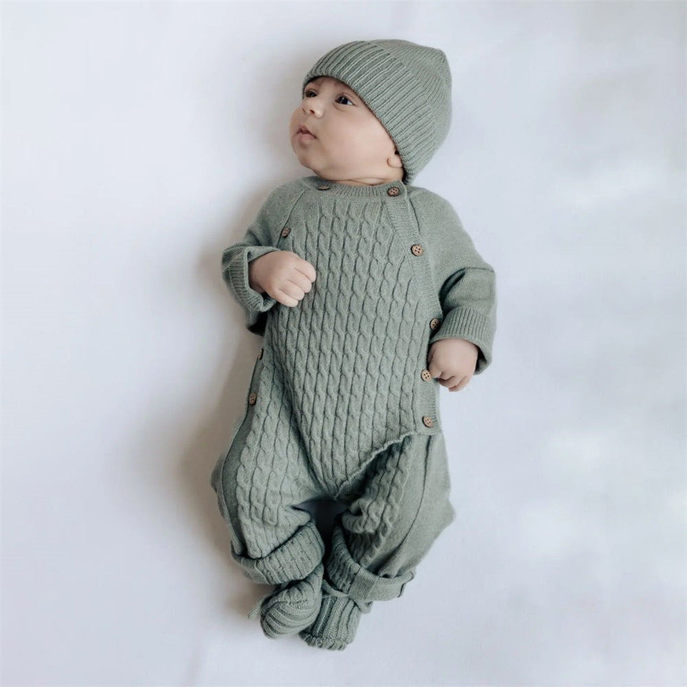 2PCS Soft Solid Color Knit Long Sleeve Baby Jumpsuit