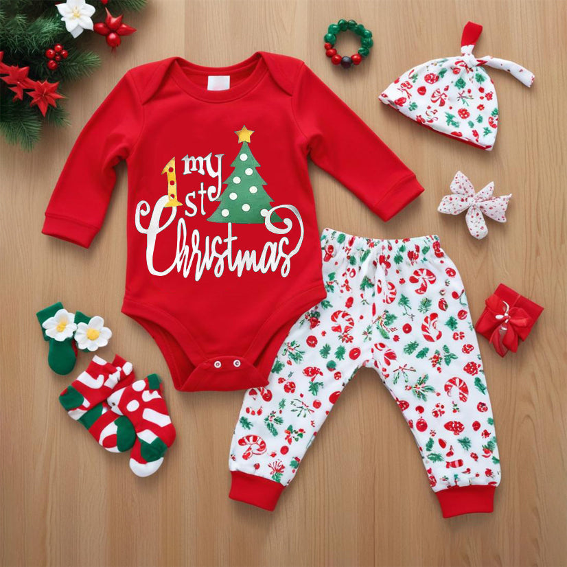 3PCS My 1st Christmas Letter Floral Printed Long Sleeve Baby Set