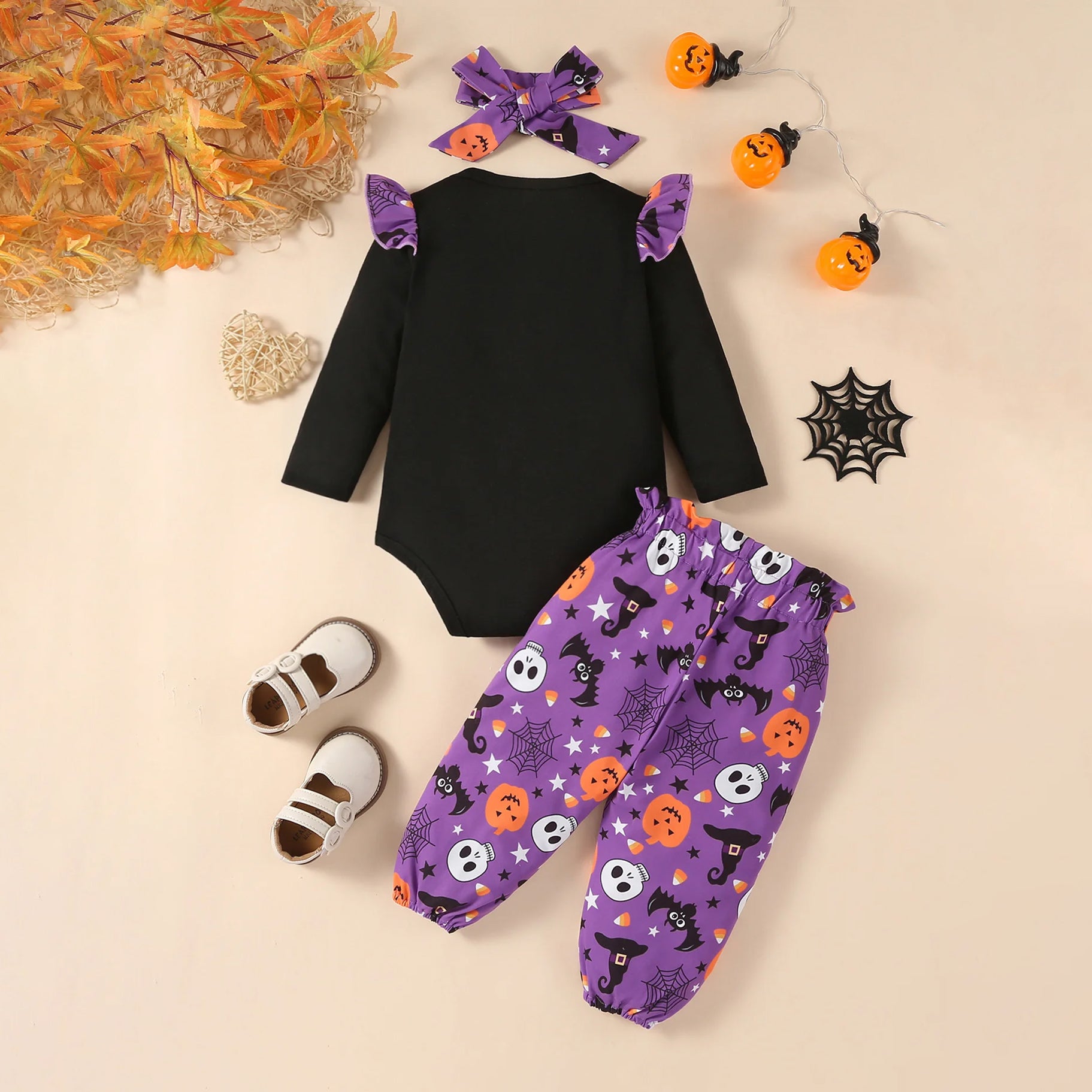 3PCS My 1st Halloween Letter Pumpkins Skulls Printed Long Sleeve Baby Set