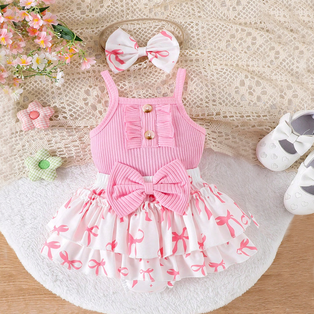 3PCS Sweet Cute Bow Printed Sleeveless Baby Romper Set