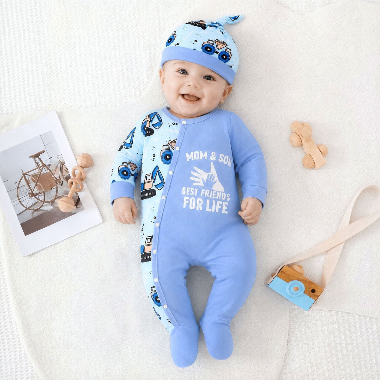 2PCS Cute Mom and Son Letter Engineering Vehicle Printed Baby Jumpsuit