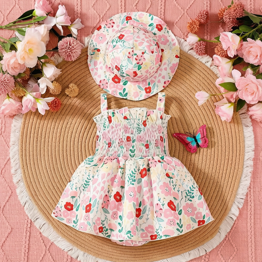 2PCS Gorgeous Floral Print Sleeveless Baby Romper With Hat