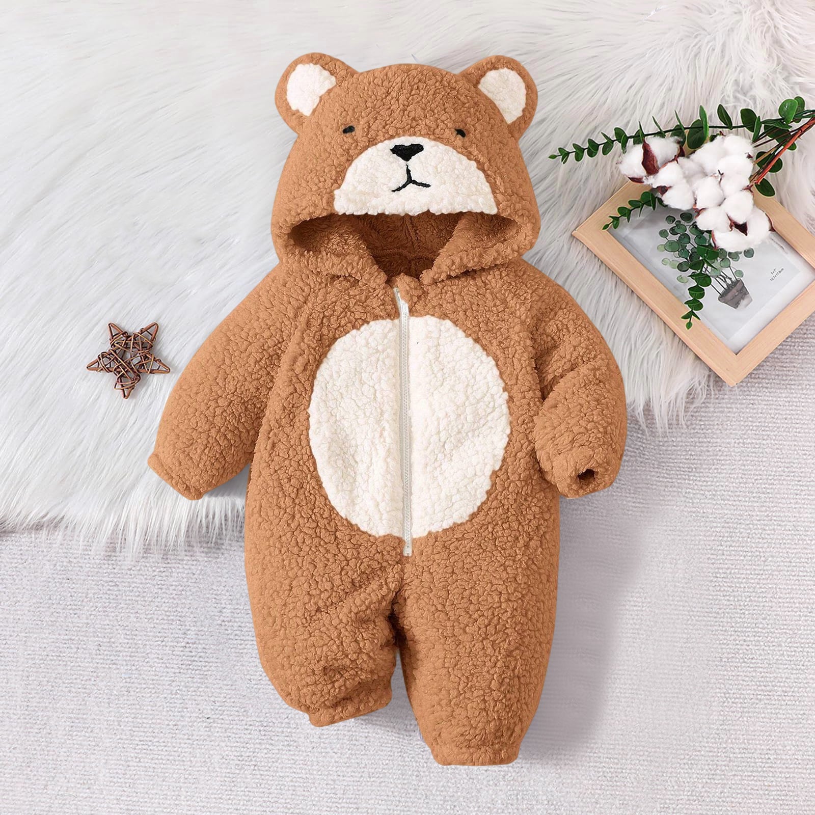 Lovely 3D Ear Bear Printed Hooded Zipper Baby Jumpsuit