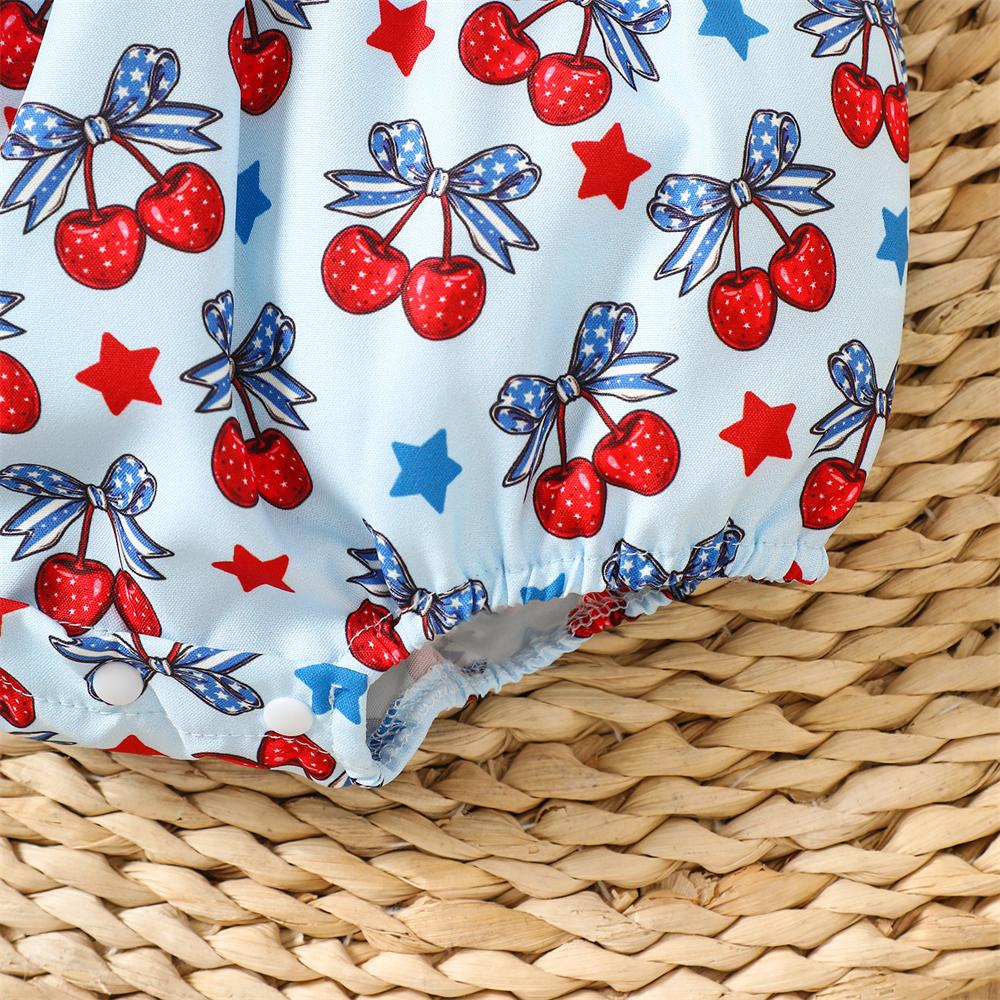 Sweet Cherry & Star Print Flutter Sleeve Baby Girl Romper