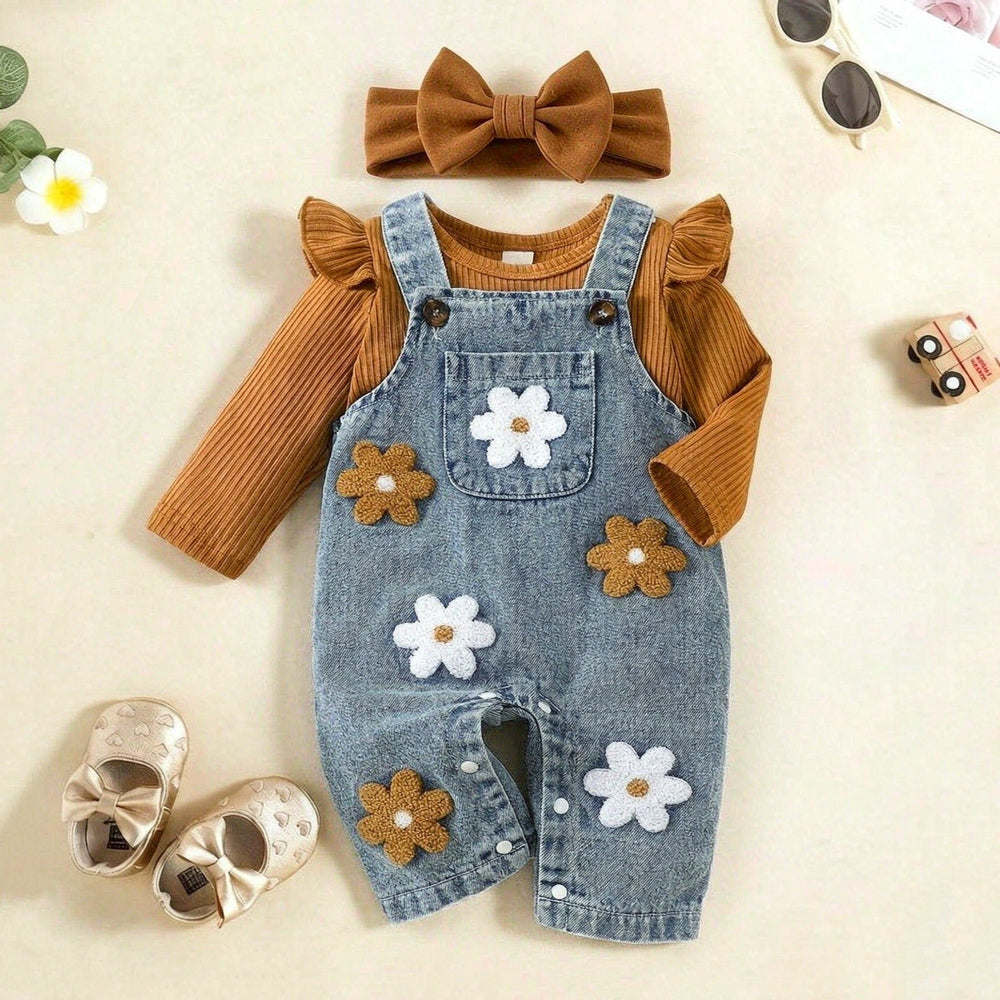3PCS Pretty Floral Applique Long Sleeve Baby Denim Overalls Set