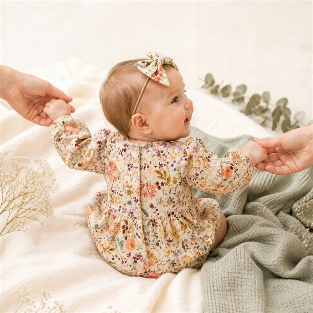 2PCS Grace Floral Print Long Sleeve Baby Girl Romper