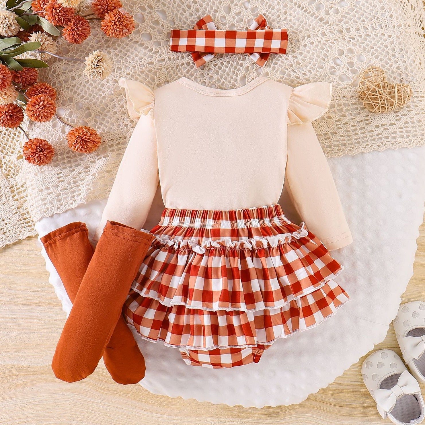 4PCS My First Thanksgiving Letter Plaid Printed Baby Set