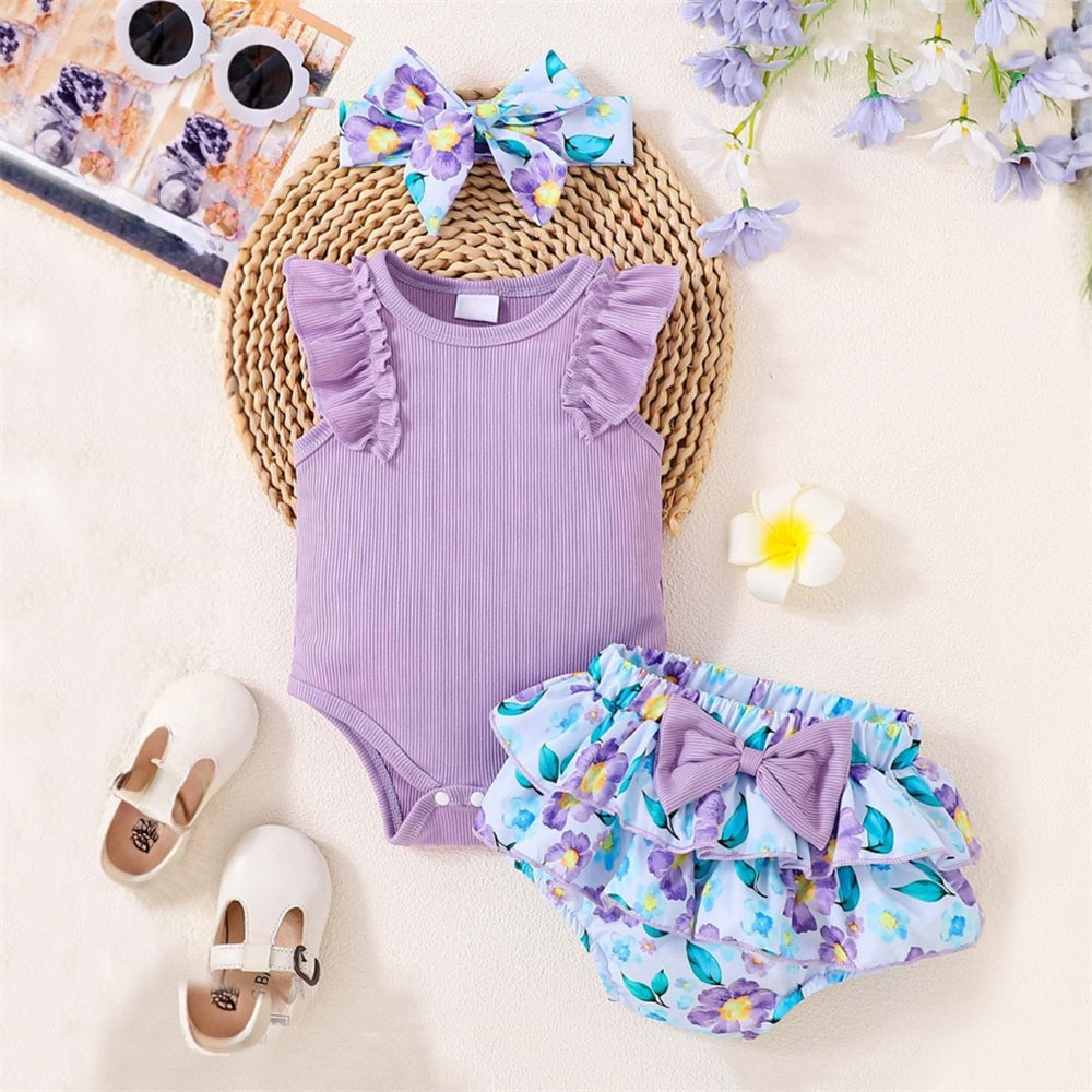 3PCS Casual Floral Printed Ruffled Sleeveless Baby Set