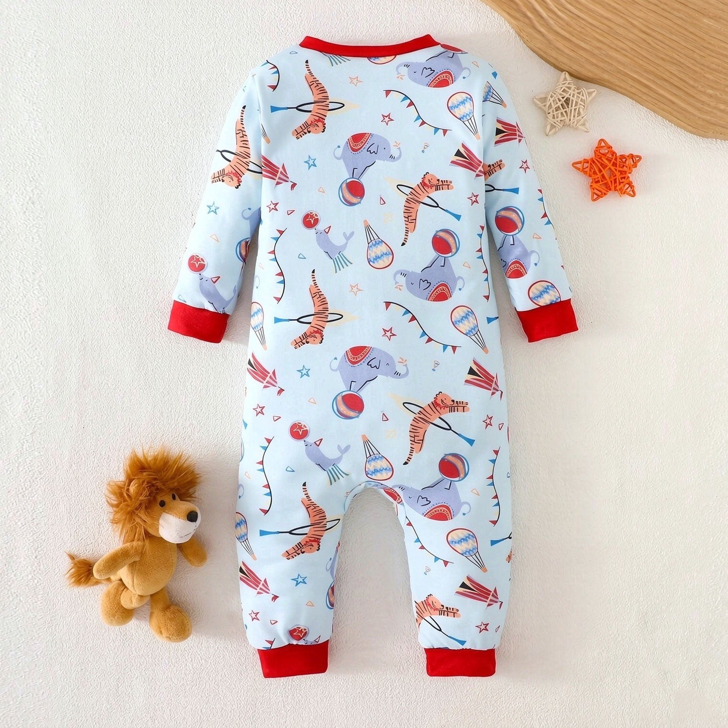 Cute Circus Animal Print Long Sleeve Zipper Baby Jumpsuit