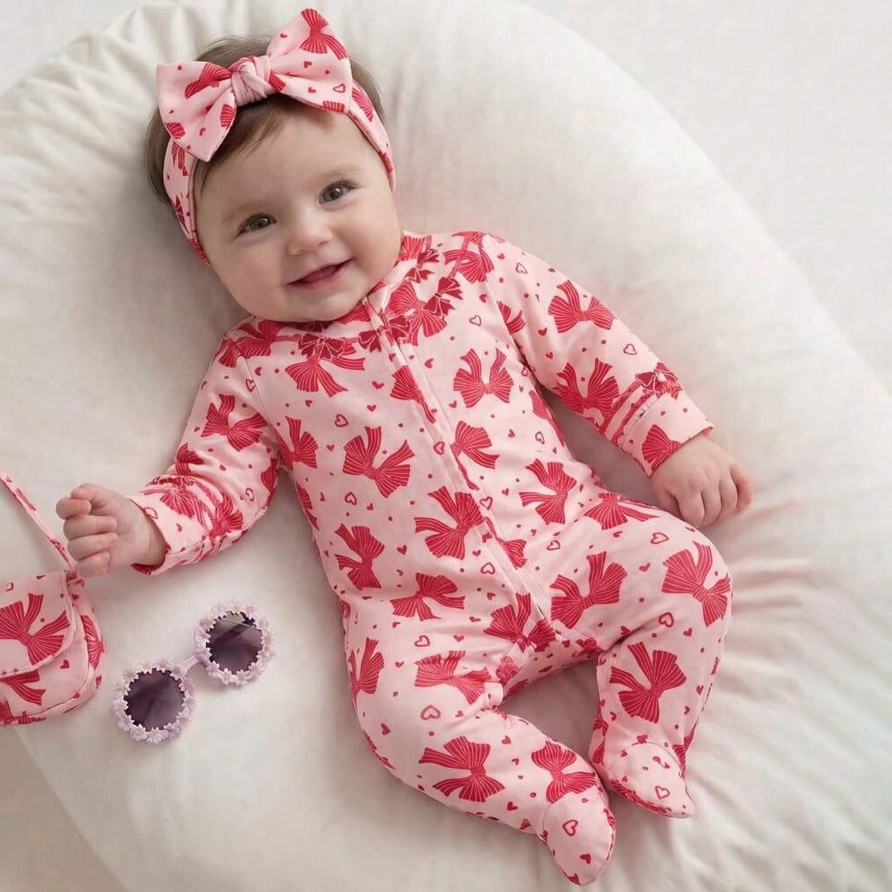 2PCS Cozy Bow & Heart Printed Long Sleeve Zipper Baby Jumpsuit