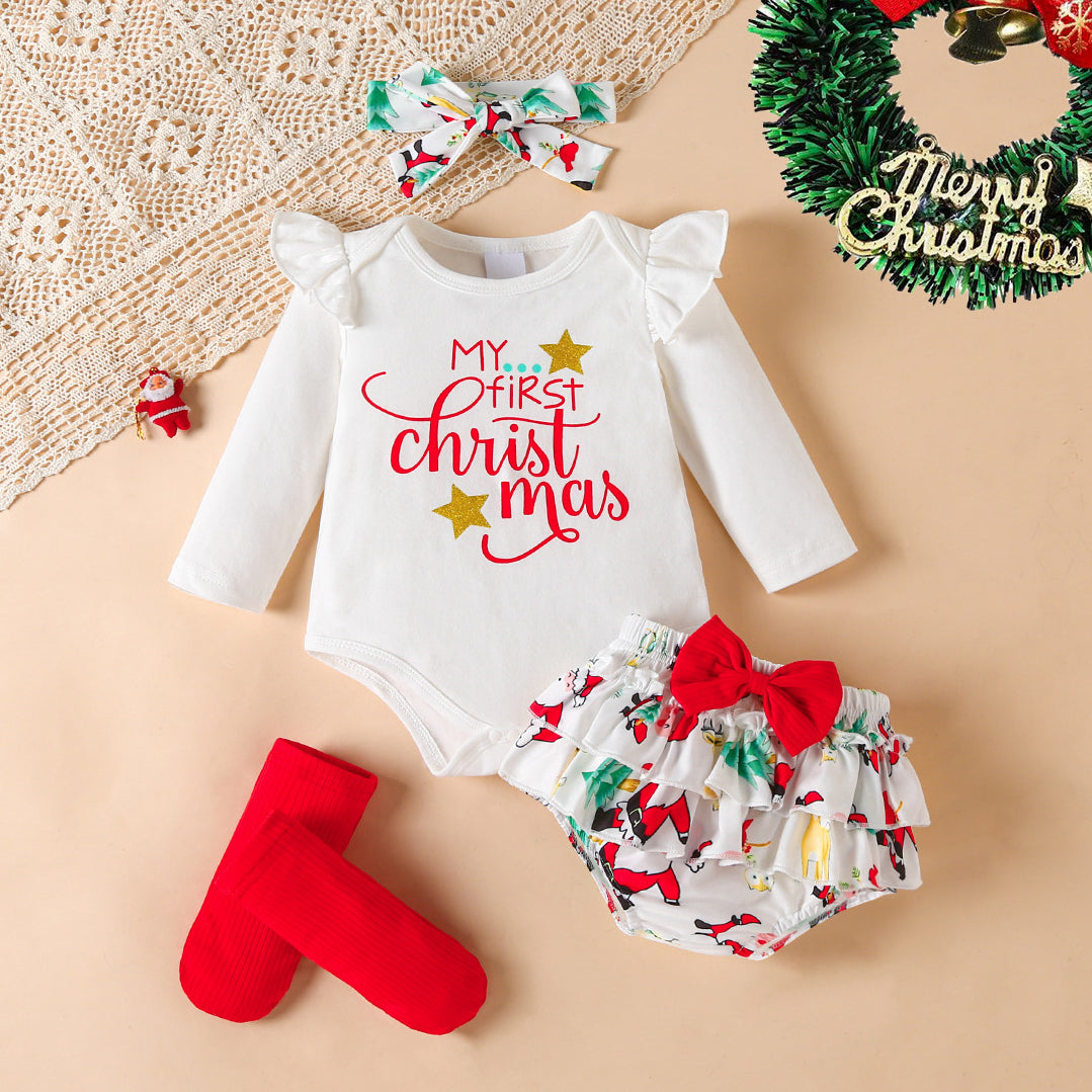4PCS My First Christmas Element Letter Printed Baby Set