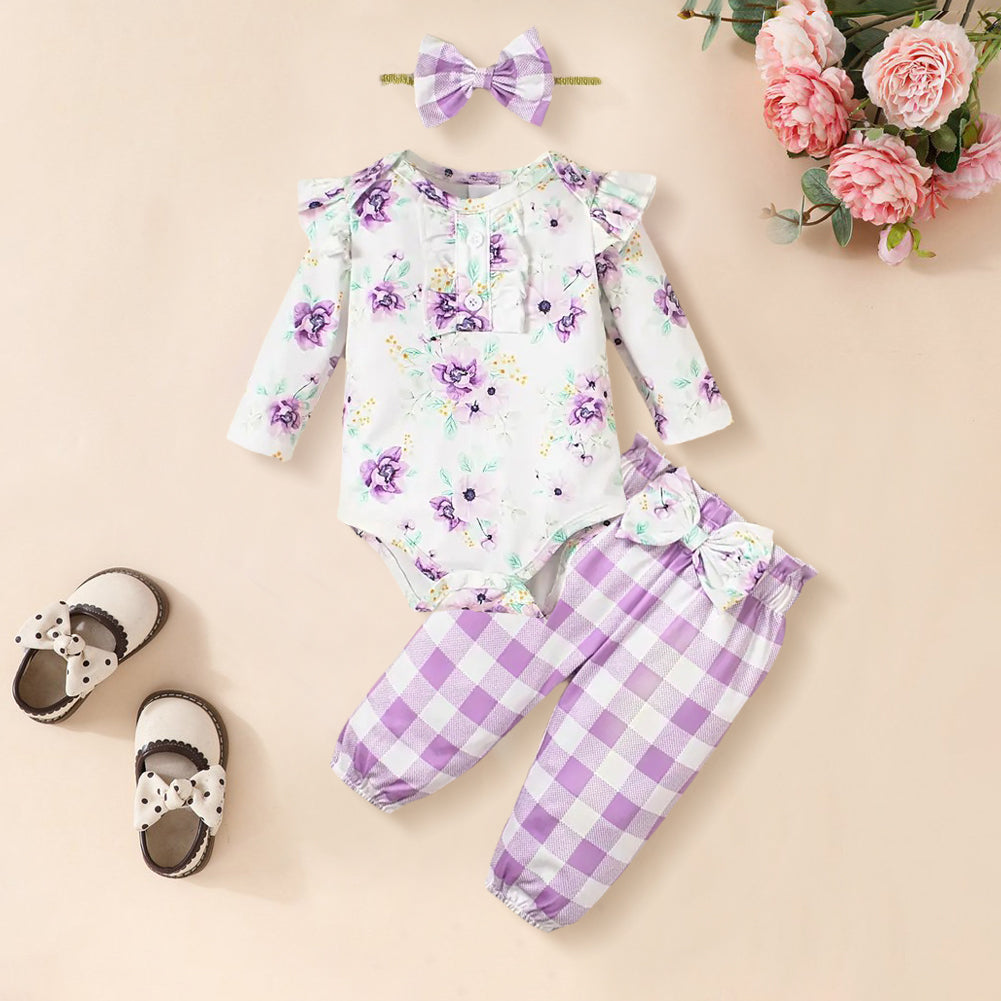 3PCS Elegant Floral Plaid Printed Long Sleeve Baby Set