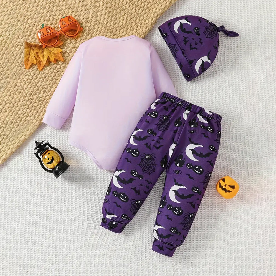3PCS My 1st Halloween Letter Bat Print Long Sleeve Baby Set