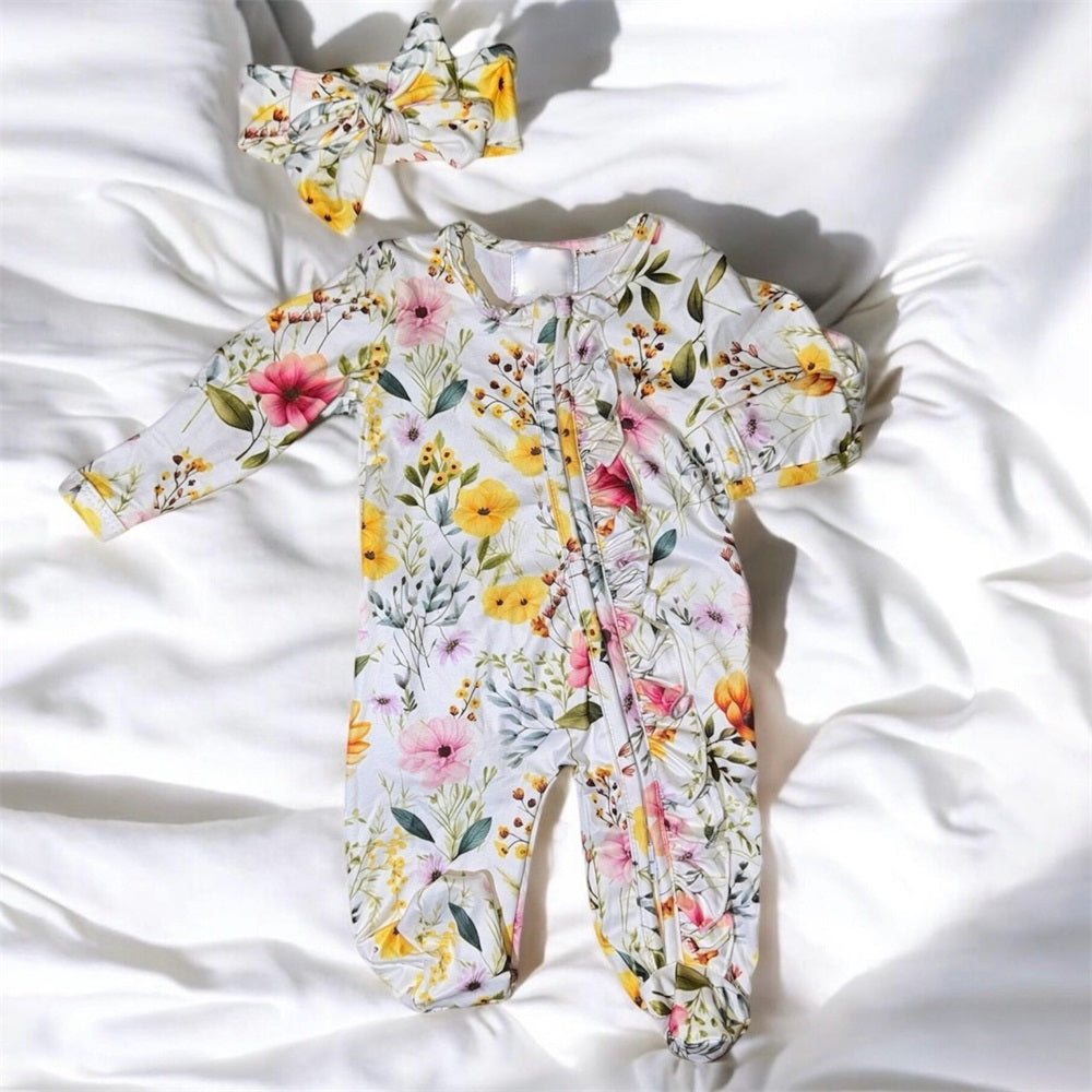 2PCS Stylish Floral Printed Ruffle Long Sleeve Baby Jumpsuit