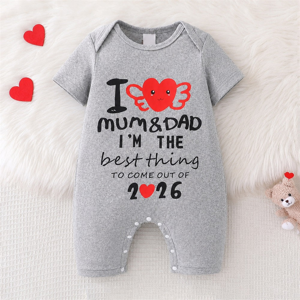 I Love Mom & Dad Letter Printed Short Sleeve Baby Jumpsuit