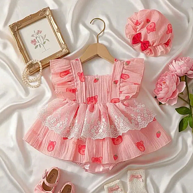 2PCS Cute Bear Print Lace Trim Flutter Sleeve Baby Romper