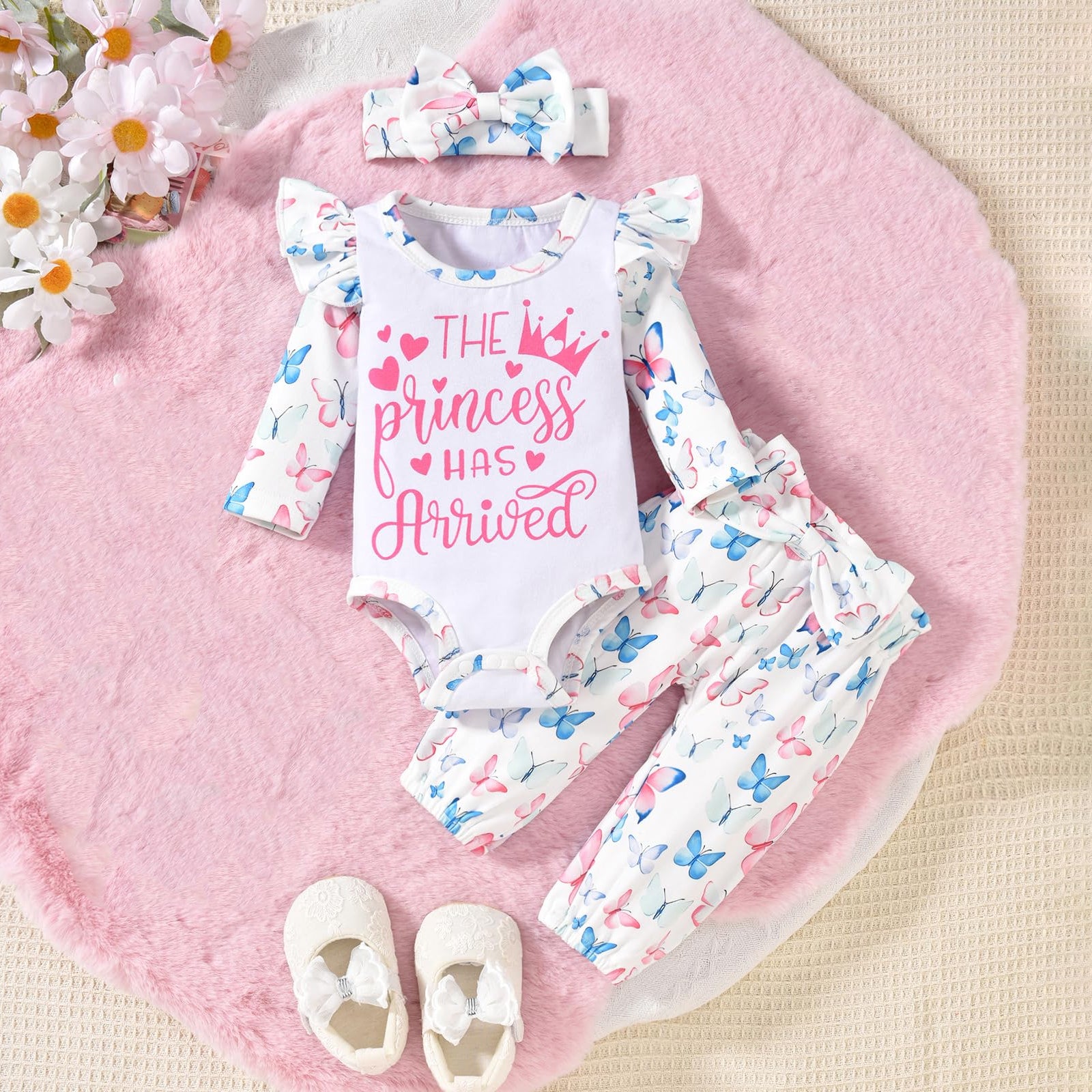 3PCS The Printed Letter Butterfly Printed Long Sleeve Baby Set