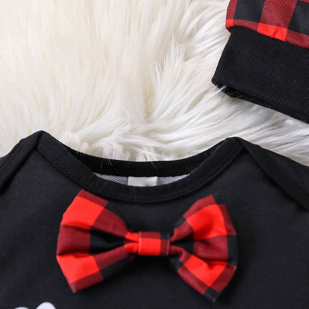 2PCS My 1st Christmas Letter Plaid Printed Bowknot Baby Jumpsuit