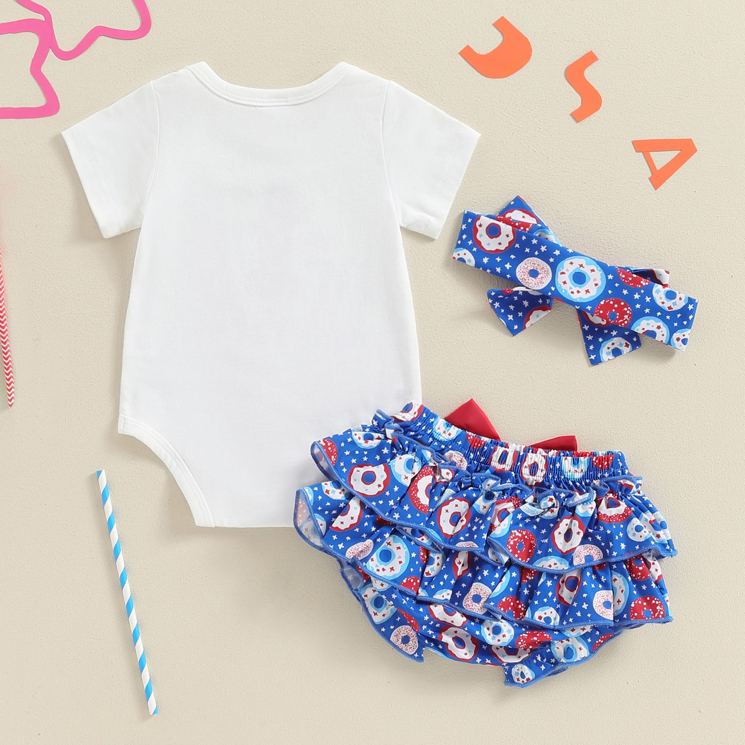 3PCS My 1st Fourth of July Letter Donut Print Baby Set