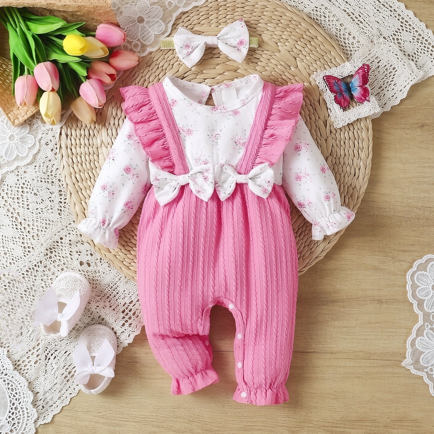 2PCS Sweet Faux Layered Floral Printed Ruffle Baby Girl Jumpsuit