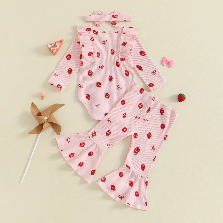 3PCS Playful Strawberry Printed Baby Girl Set