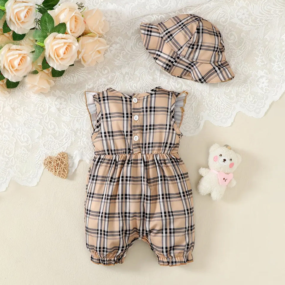 2PCS Comfy Plaid Printed Bow Decoration Sleeveless Baby Jumpsuit